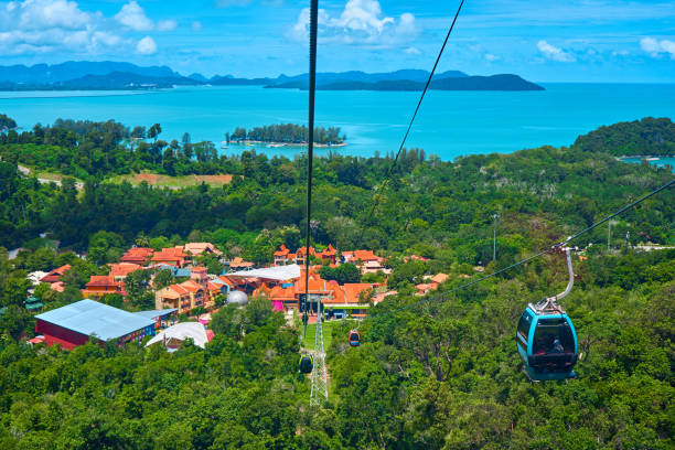vue depuis un téléphérique dans les montagnes de l’île tropicale de langkawi. paysage naturel incroyable - pulau langkawi photos et images de collection