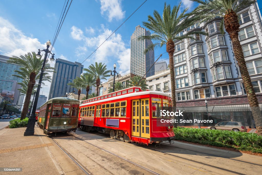 New Orleans, Louisiana, USA Street Cars New Orleans, Louisiana, USA downtown cityscape with and trollies. New Orleans Stock Photo