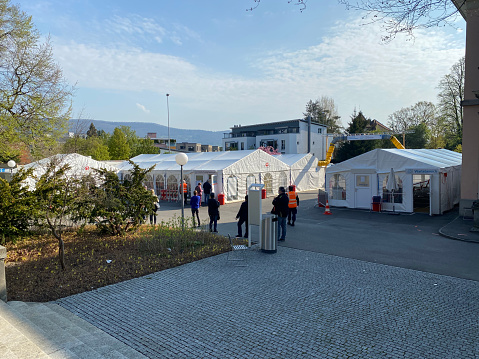 Outside of vaccine center hospital Aarau, 22. April 2021- Aarau, Switzerland.