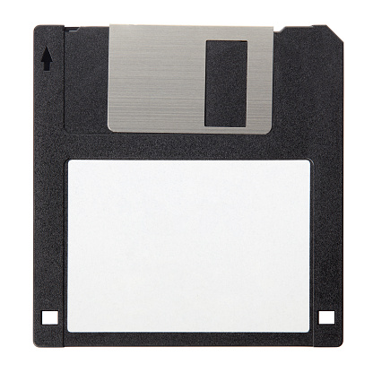 Black floppy disk with blank label isolated on white background, clipping path