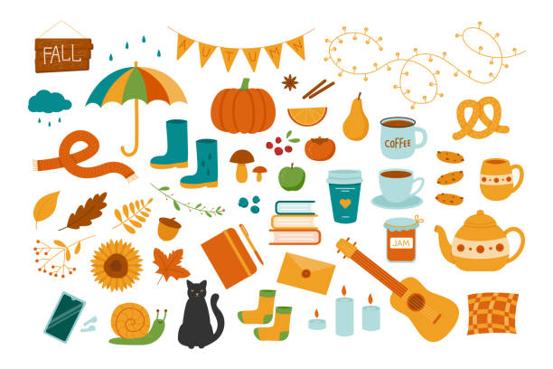 ilustrações, clipart, desenhos animados e ícones de conjunto vetorial de itens de outono: alimentos e atributos aconchegantes - september november pumpkin october