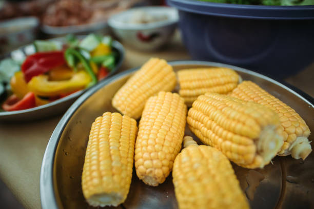 churrasco festa reunindo com preparação de alimentos no prato com milho doce, cachorro-quente, pepino, pimenta vermelha e amarela - file sharing - fotografias e filmes do acervo