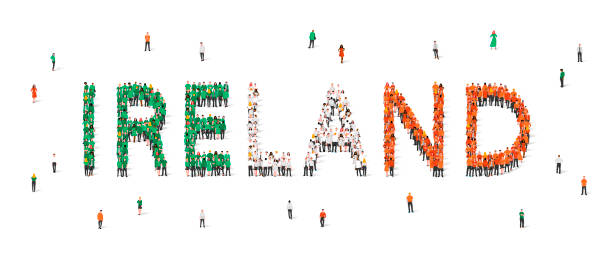 толпа людей стоит в зеленых, белых и оранжевых одеждах, что составляет слово ирландия. флаг ирландии сделан из людей. - orange people men standing out from the crowd stock illustrations