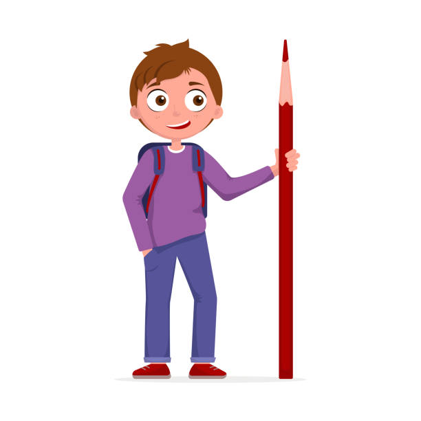 ilustrações de stock, clip art, desenhos animados e ícones de schoolboy with backpack holds pencil - characters pen shoe vector