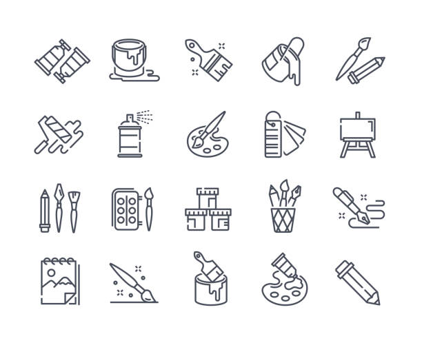 Large set of creativity, art and drawing icons Large set of creativity, art and drawing icons depicting paints, swatches, spray, paint bucket, paintbrushes, aerosol and color palettes, black and white outlune line drawn vector illustration painted image stock illustrations