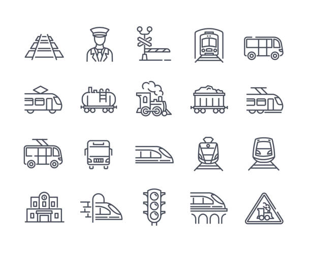 großer satz von 25 transportsymbolen mit zügen und straßenbahnen - eisenbahn stock-grafiken, -clipart, -cartoons und -symbole