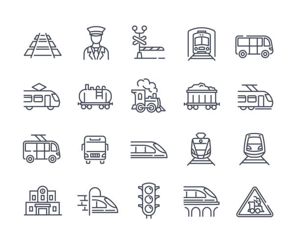 Large set of 25 transport icons with trains and trams Large set of 25 transport icons with trains and trams showing assorted rolling stock, conductor, engines, railway track and tunnels, outline line drawn vector illustration for design elements transport conductor stock illustrations