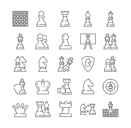 Large set of different chess icons with pieces, board, badges, moves. Queen, checkmate, strategy symbols. black and white outline line drawn vector illustration for design elements isolated on white