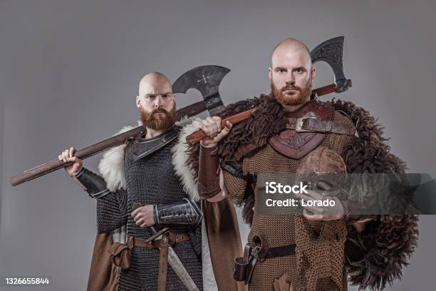 Two Viking Warrior Brothers In Studio Shot Stock Photo - Download Image Now - Medieval, Warrior - Person, Fantasy