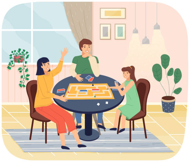 istock Family playing board game flat illustration. Mother with kids having fun, spending time together 1326658758