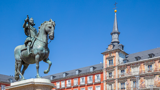 Plaza Mayor in Madrid with statue of King Philips III, Spain