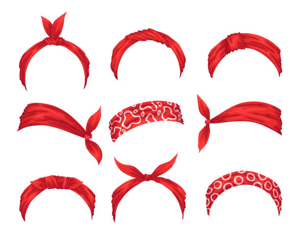 kolekcja retro opasek dla kobiet. makiety dekoracyjnych włosów węzła. czerwony bandana wietrzny opatrunek do włosów. wiązana chusteczka do fryzur - headband stock illustrations