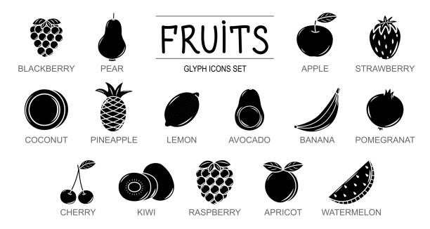 Vector glyph icons set of fruits and berries. Isolated black fruit silhouette on white background Vector glyph icons set of fruits and berries. Isolated black fruit silhouette on white background. fruit silhouettes stock illustrations