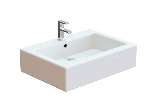 керамическая раковина ванная комната изолирована на белом фоне. - faucet stream water bathroom стоковые фото и изображения