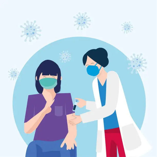 Vector illustration of Young woman getting covid-19 vaccine shot. Covid-19 vaccination concept.Immunity stimulation to minimize risk of coronavirus infection. Covid-19 vaccination concept.
