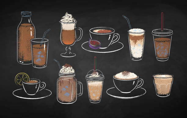 Collection of chalk drawn coffee drinks Collection of coffee drinks isolated on black chalkboard background. Vector chalk drawn sideview grunge illustrations. flat white stock illustrations