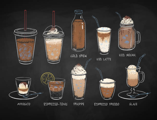 napoje kawowe na tle tablicy - latte stock illustrations