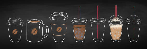 ilustrações de stock, clip art, desenhos animados e ícones de chalked collection of coffee cups - caffeine drink coffee cafe
