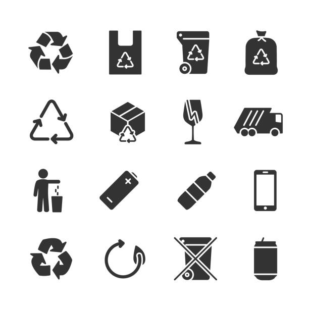 ilustraciones, imágenes clip art, dibujos animados e iconos de stock de conjunto vectorial de iconos de elementos no utilizados. - recycling paper garbage landfill