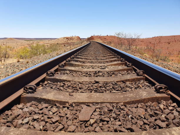 Empty head on view of railway track from ground leading into distance,  Karratha Western Australia. stock photo