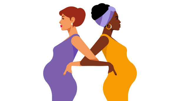 ilustrações de stock, clip art, desenhos animados e ícones de black pregnant woman and white pregnant woman are standing together. - africana gravida