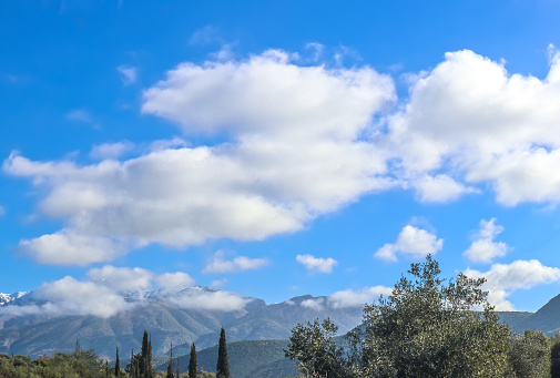 Greek Peloponnese Mountains with snow and cloud covered peaks in the distance under blue cloudy sky with olive and Cypress trees in the foreground - selective focus