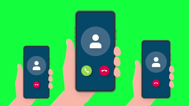 Three hands hold phones with call Incoming video call on screen on white background. Motion graphics.