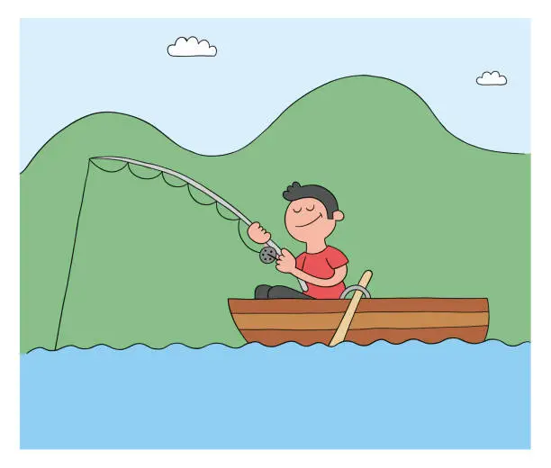 Vector illustration of Cartoon man fishing with hook in boat, lake or sea, vector illustration