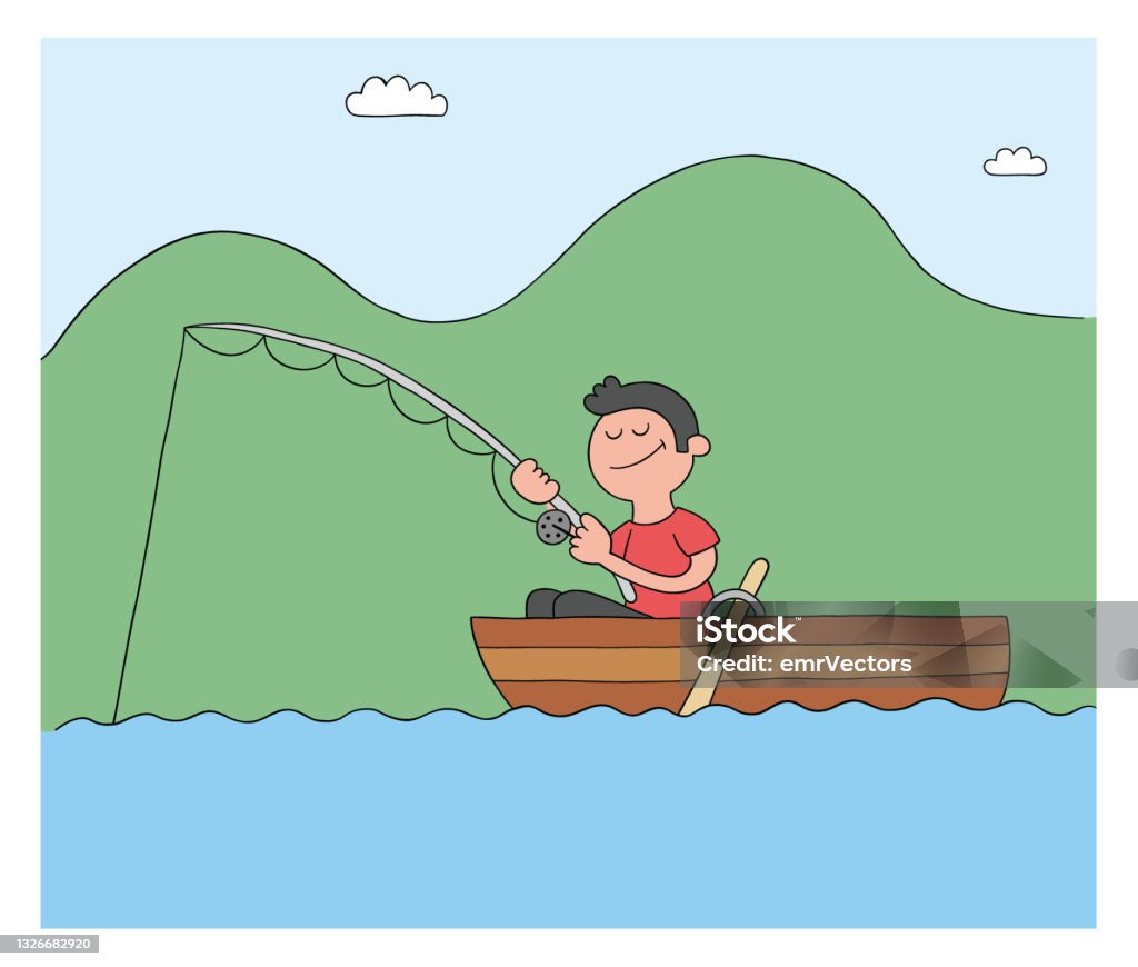 Người Đàn Ông Hoạt Hình Câu Cá Với Móc Trong Thuyền Hồ Hoặc Biển ...