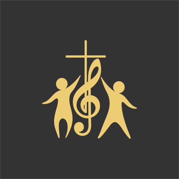 Worship logo. Cristian symbols. Cross, musical note and worshiping Jesus Worship logo. Cristian symbols. Cross, musical note and worshiping Jesus gospel stock illustrations