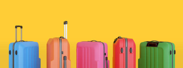 Colorful suitcases isolated on yellow background. 3d illustration.