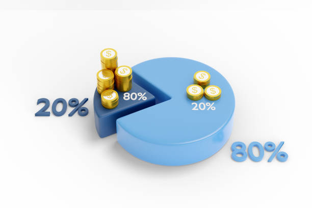 pareto-prinzip mit tortenkarten und münzen. 3d-illustration. - pareto stock-fotos und bilder