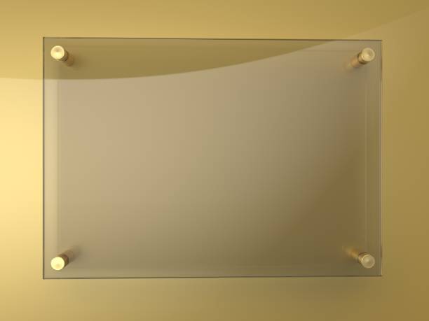 istock Blank A4 dark rectangle transparent glass office corporate signage plate Mock Up template, Clear Printing board for Branding, Logo. Transparent acrylic advertising signboard mockup front view. 3D rendering 1326685755