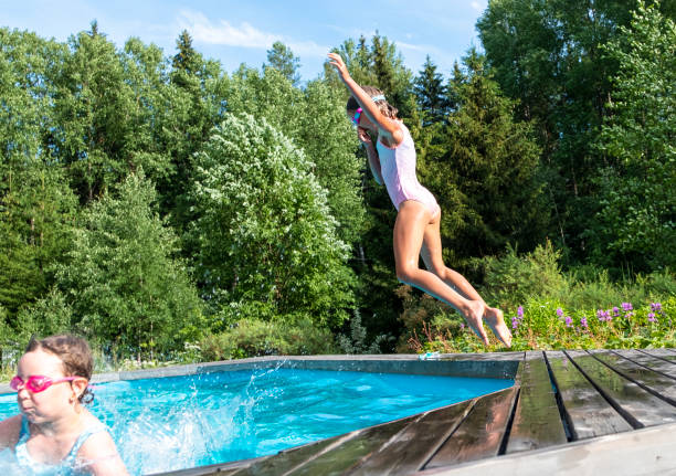 istock Girls, girlfriends are jumping into the pool. 1326688311