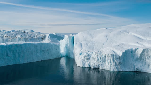 Climate Change. Iceberg and ice from glacier in arctic nature landscape on Greenland. Aerial video drone footage of icebergs in Ilulissat icefjord. famously affected by and global warming.
