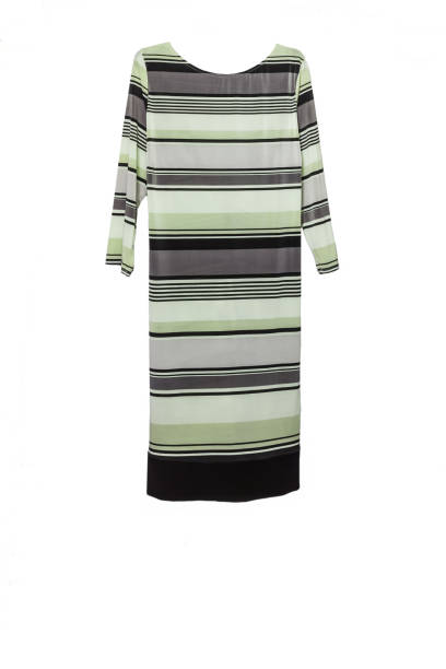 istock Elegant midi dress with abstract geometric colored striped pattern, isolated on white background. Photo on the crossbar and shoulders-hangenrs 1326696869