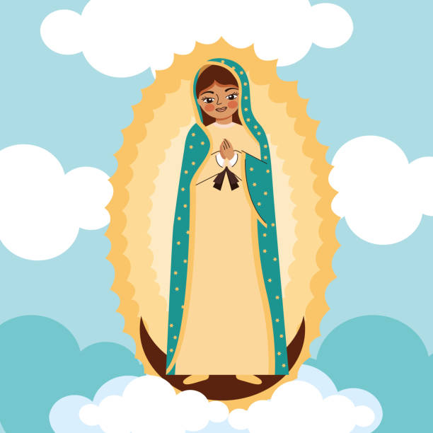 cartoon of the virgin of guadalupe cartoon of the virgin of guadalupe on moon with blaze between clouds. vector illustration religiosity stock illustrations