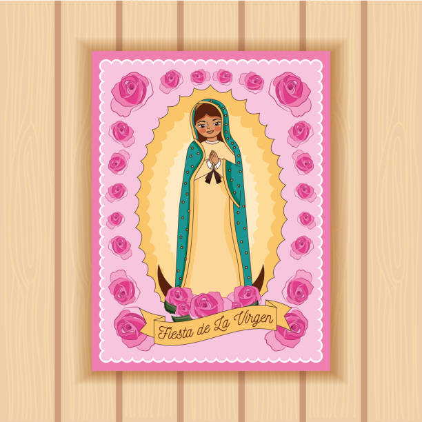 cartoon of the virgin of guadalupe print of the virgin of guadalupe on moon with blaze between flowers over wooden background. vector illustration virgen de guadalupe stock illustrations