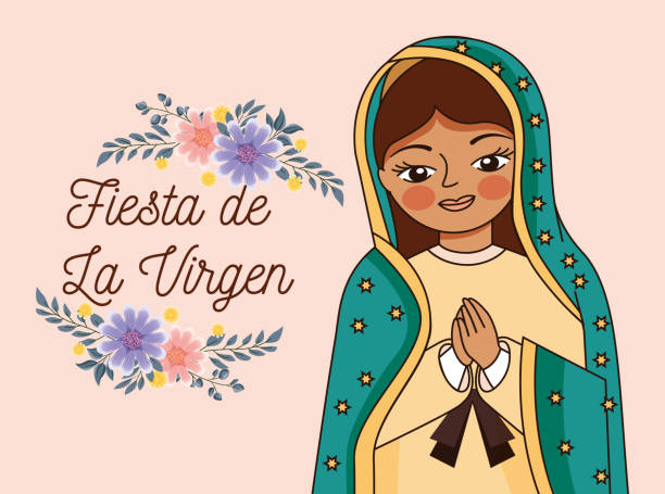 cartoon of the virgin of guadalupe cartoon of the virgin of guadalupe with their hands together praying . fiesta de la virgen. vector illustration virgen de guadalupe stock illustrations