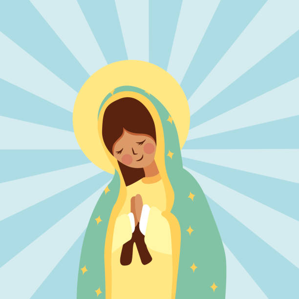 cartoon of the virgin of guadalupe cartoon of the virgin of guadalupe with halo and blue blaze. vector illustration virgen de guadalupe stock illustrations