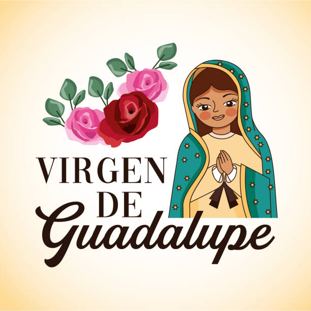 cartoon of the virgin of guadalupe cartoon of the virgin of guadalupe with their hands together praying and roses. vector illustration virgen de guadalupe stock illustrations