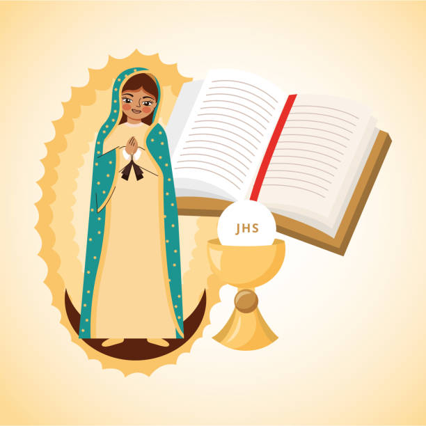 cartoon of the virgin of guadalupe cartoon of the virgin of guadalupe on moon with blaze with jesucristo eucharist and bible. vector illustration virgen de guadalupe stock illustrations