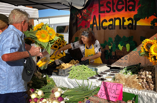 Santa Fe, NM: A customer with sunflowers at a colorful booth at the Santa Fe Saturday Farmers Market in June.