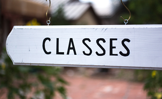 White Wooden Hanging Sign: CLASSES
