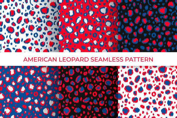 American leopard seamless patterns set of 6. Animal print in colors flag of USA. Red white blue Independence Day patriotic background. Vector template for fabric, textile, wallpaper, wrapping paper American leopard seamless patterns set of 6. Animal print in colors flag of USA. Red white blue Independence Day patriotic background. Vector template for fabric, textile, wallpaper, wrapping paper. red camouflage pattern stock illustrations