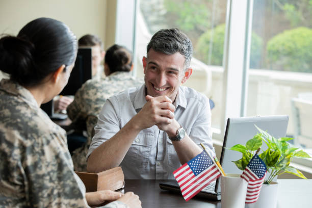 istock Mature financial planner meeting with a military solider. 1326707782