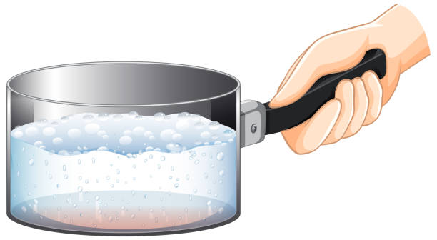 ilustrações de stock, clip art, desenhos animados e ícones de boiled water in saucepan with hand - boiling water