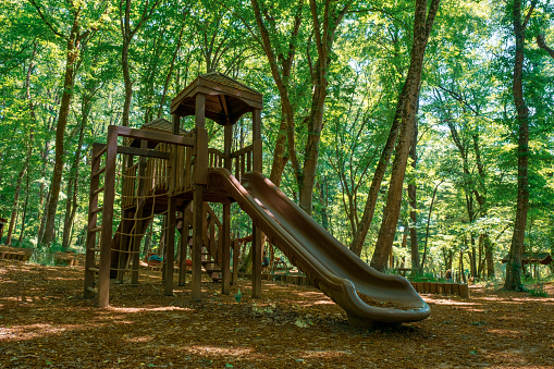 a brown slide without people under tall trees in a public park with green forest in Belgrad Forest in Istanbul