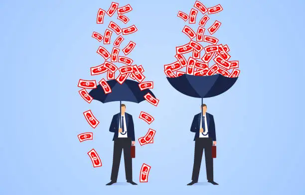 Vector illustration of Smart idea, the businessman turns the umbrella back and fills it with falling money, the perfect solution