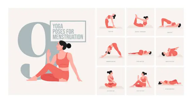 Vector illustration of Yoga poses For Menstruation. Woman workout fitness, aerobic and exercises.